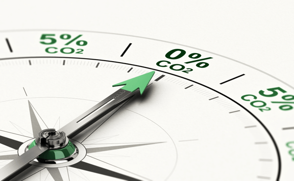 3D illustration of conceptual compass with needle pointing 0 percent of CO2