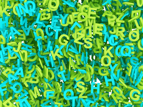 Green and blueish alphabetic characters 3D
